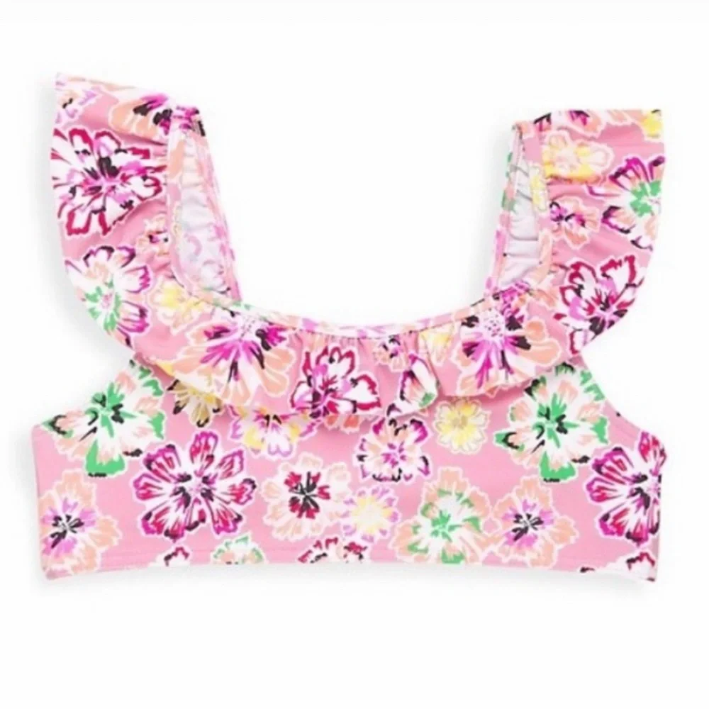 Tanya Taylor Swim Kids Bikini Top Small Girls Pink Floral Lined Ruffles Top Only